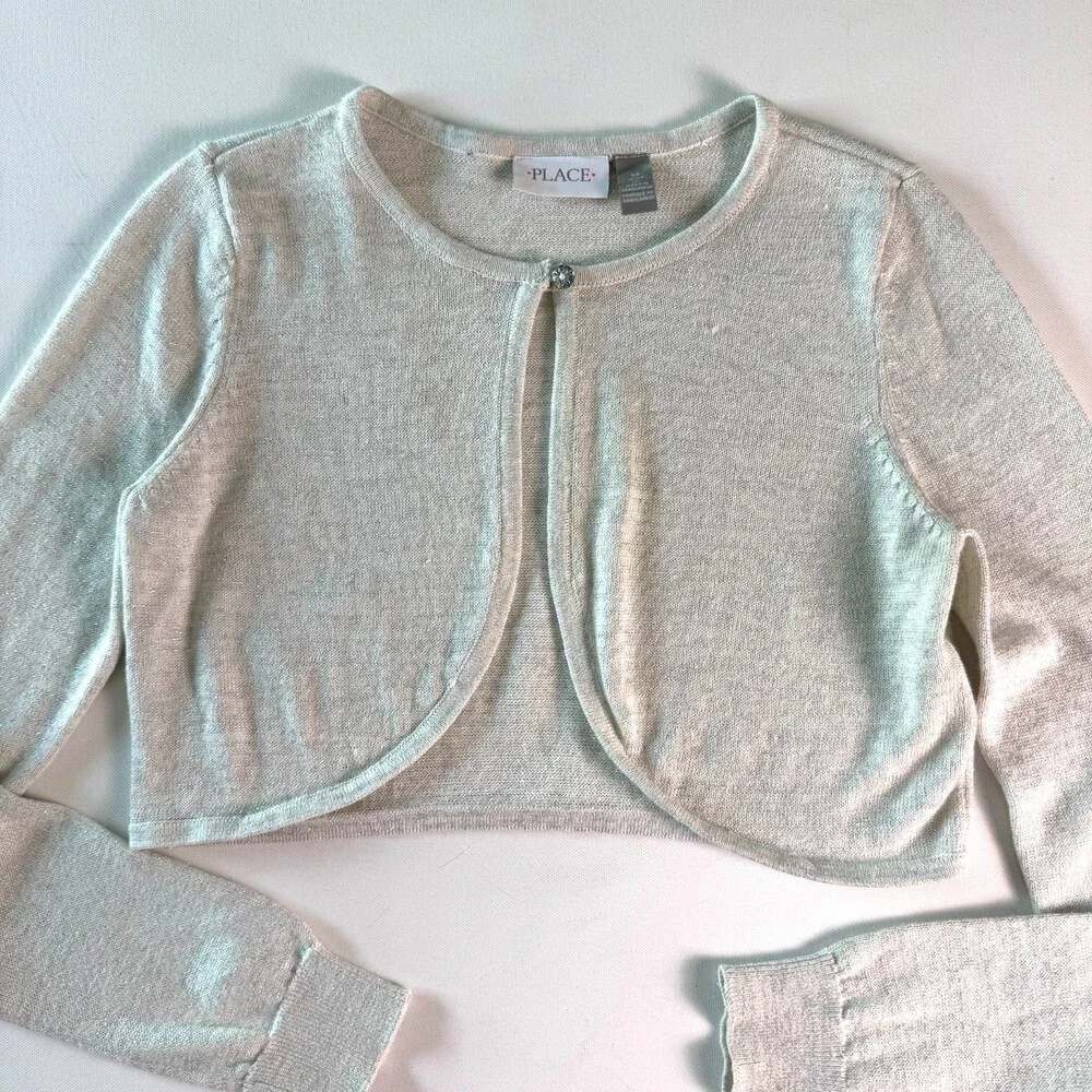 The Children's Place Girl's Sz 14 White Sparkle Shrug Crop Cardigan Sweater L/S